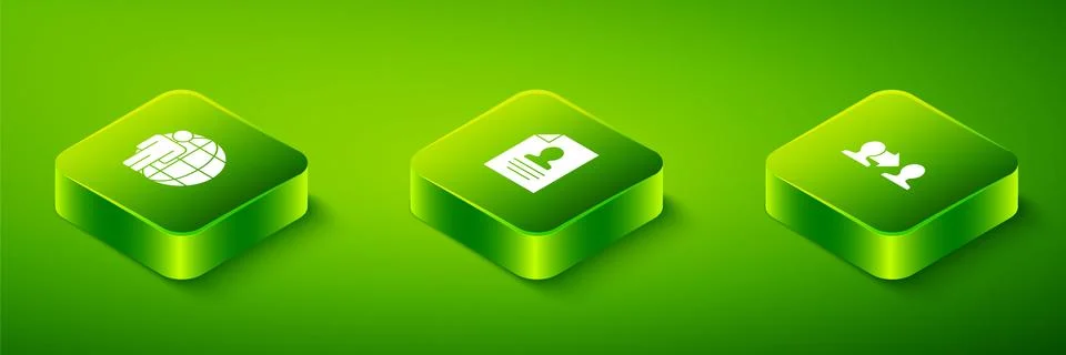 Set Isometric Resume, Project team base and Head hunting icon. Vector Stock Illustration