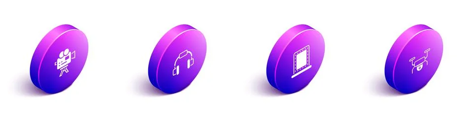 Set Isometric Retro cinema camera, Headphones, Makeup mirror with lights and Stock Illustration