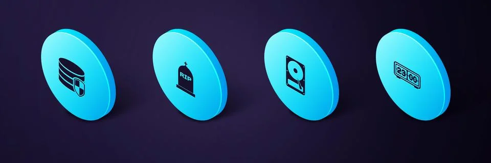 Set Isometric Retro flip clock, Hard disk drive HDD, Tombstone with RIP written Stock Illustration