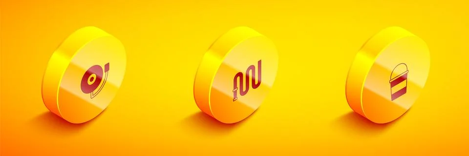 Set Isometric Ringing alarm bell, Fire hose reel and bucket icon. Vector Stock Illustration