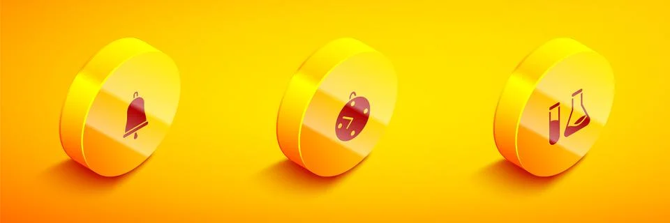 Set Isometric Ringing bell, Clock and Test tube and flask icon. Vector Illustrazione stock