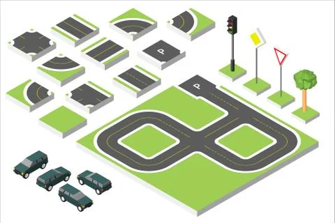 Set Isometric road and Vector Cars, Common road traffic regulatory. Vector Illustrazione stock