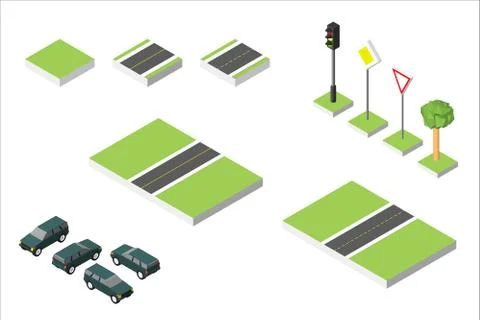 Set Isometric road and Vector Cars, Common road traffic regulatory. Vector .. Illustrazione stock