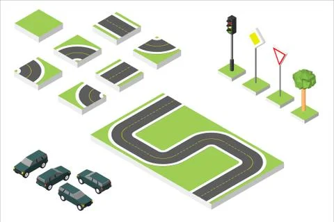 Set Isometric road and Vector Cars, Common road traffic regulatory. Vector .. Illustrazione stock