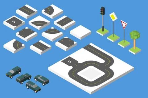 Set Isometric road and Vector Cars, Common road traffic regulatory. Vector .. Illustrazione stock