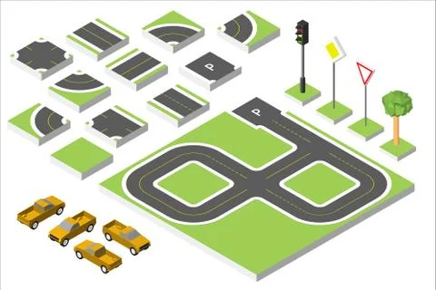 Set Isometric road and Vector Cars, Common road traffic regulatory. Vector Illustrazione stock