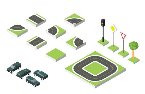 Set Isometric road and Vector Cars, Common road traffic regulatory. Vector Illustrazione stock
