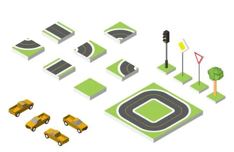 Set Isometric road and Vector Cars, Common road traffic regulatory. Vector Stock-Illustration