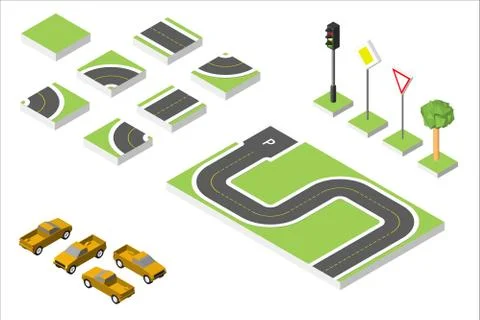 Set Isometric road and Vector Cars, Common road traffic regulatory. Vector Illustrazione stock