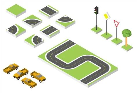 Set Isometric road and Vector Cars, Common road traffic regulatory. Vector Illustrazione stock