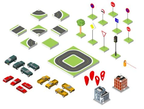 Set Isometric road and Vector Cars, Common road traffic regulatory, Buildin.. Illustrazione stock