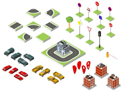 Set Isometric road and Vector Cars, Common road traffic regulatory, Buildin.. Illustrazione stock