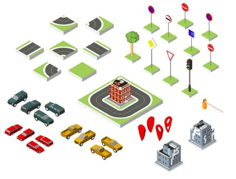 Set Isometric road and Vector Cars, Common road traffic regulatory, Buildin.. 스톡 일러스트