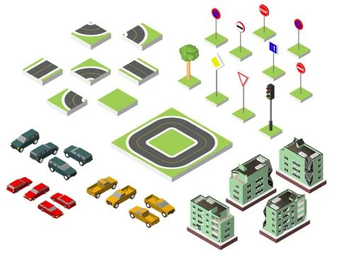Set Isometric road and Vector Cars, Common road traffic regulatory, Buildin.. Stock Illustration