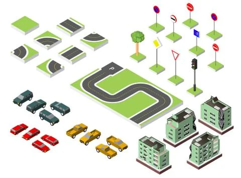 Set Isometric road and Vector Cars, Common road traffic regulatory, Buildin.. Illustrazione stock