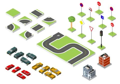 Set Isometric road and Vector Cars, Common road traffic regulatory, Buildin.. Illustrazione stock