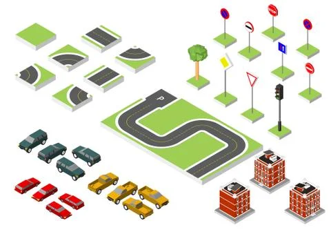 Set Isometric road and Vector Cars, Common road traffic regulatory, Buildin.. Illustrazione stock