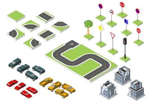 Set Isometric road and Vector Cars, Common road traffic regulatory, Buildin.. イラスト素材