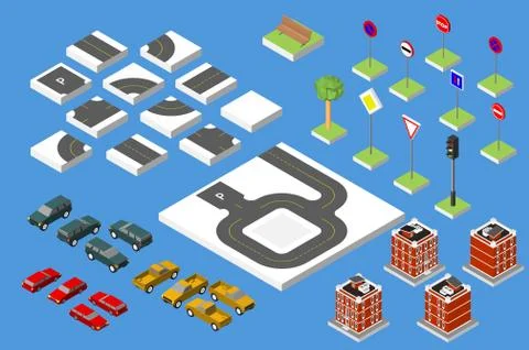 Set Isometric road and Vector Cars, Common road traffic regulatory, Buildin.. Illustrazione stock