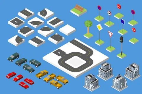 Set Isometric road and Vector Cars, Common road traffic regulatory, Buildin.. イラスト素材