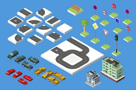 Set Isometric road and Vector Cars, Common road traffic regulatory, Buildin.. Illustrazione stock