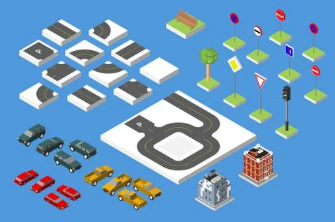 Set Isometric road and Vector Cars, Common road traffic regulatory, Buildin.. Illustrazione stock