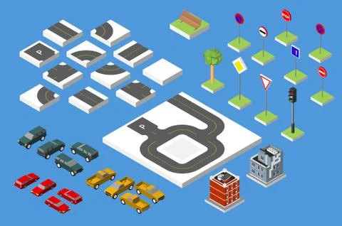 Set Isometric road and Vector Cars, Common road traffic regulatory, Buildin.. Illustrazione stock