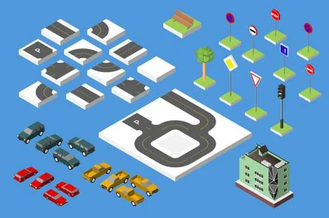 Set Isometric road and Vector Cars, Common road traffic regulatory, Buildin.. Stockillustratie