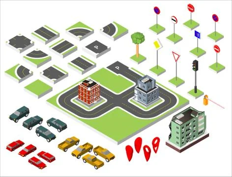 Set Isometric road and Vector Cars, Common road traffic regulatory, Buildin.. イラスト素材