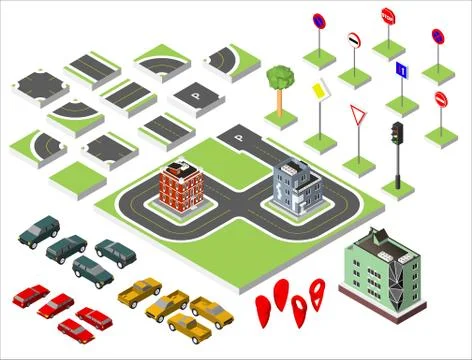 Set Isometric road and Vector Cars, Common road traffic regulatory, Buildin.. Illustrazione stock