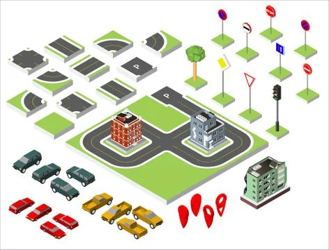 Set Isometric road and Vector Cars, Common road traffic regulatory, Buildin.. Illustrazione stock