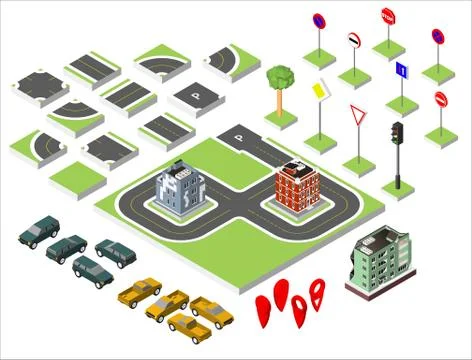 Set Isometric road and Vector Cars, Common road traffic regulatory, Buildin.. 스톡 일러스트