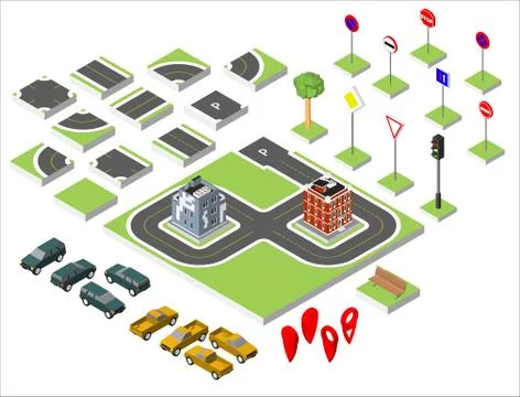 Set Isometric road and Vector Cars, Common road traffic regulatory, Buildin.. Illustrazione stock
