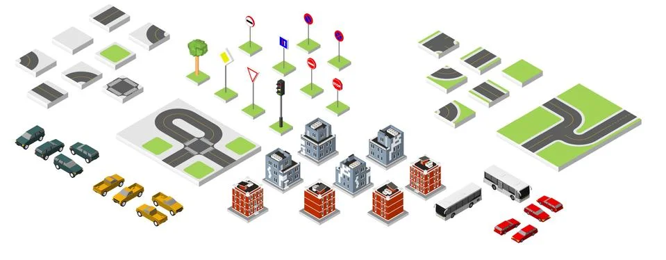 Set Isometric road and Vector Cars, Common road traffic regulatory. Vector .. Illustrazione stock
