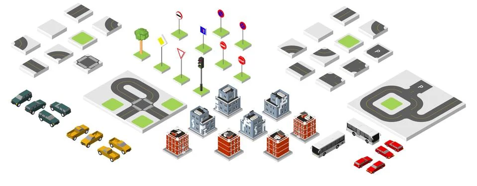 Set Isometric road and Vector Cars, Common road traffic regulatory. Vector .. Illustrazione stock