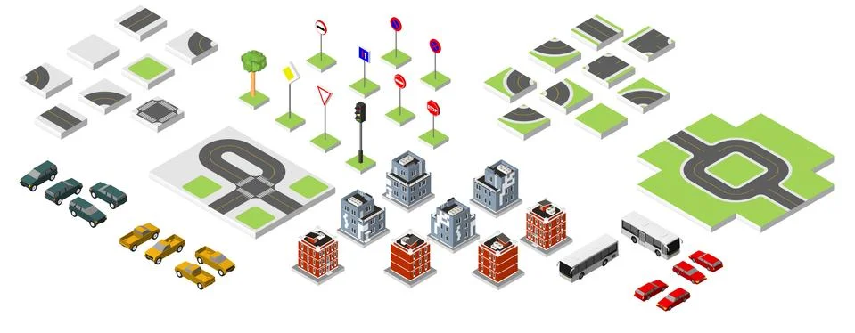 Set Isometric road and Vector Cars, Common road traffic regulatory. Vector .. Illustrazione stock