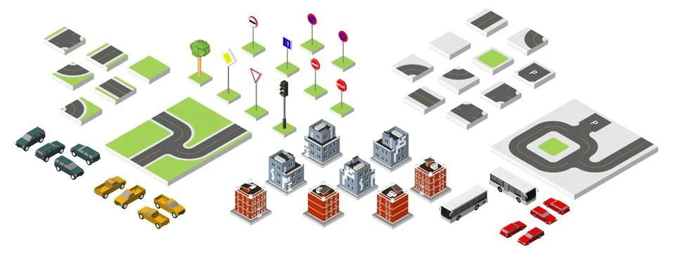 Set Isometric road and Vector Cars, Common road traffic regulatory. Vector .. Illustrazione stock