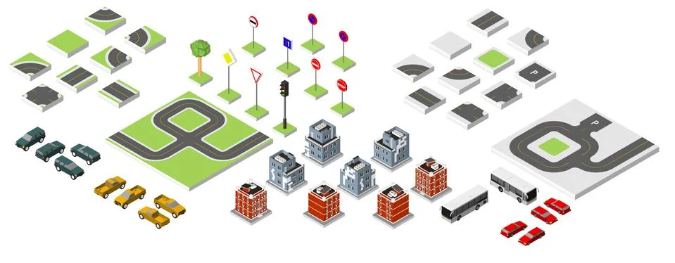 Set Isometric road and Vector Cars, Common road traffic regulatory. Vector .. Illustrazione stock