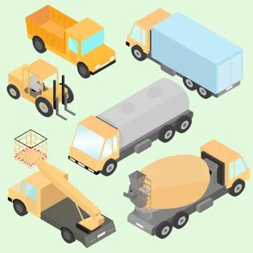 Set of isometric road construction machinery. Trucks, road roller, wheel load Stock Illustration