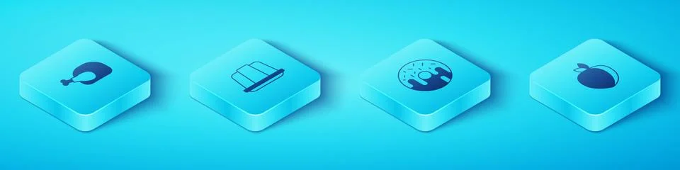 Set Isometric Roasted turkey or chicken, Jelly cake, Plum fruit and Donut icon Stock Illustration