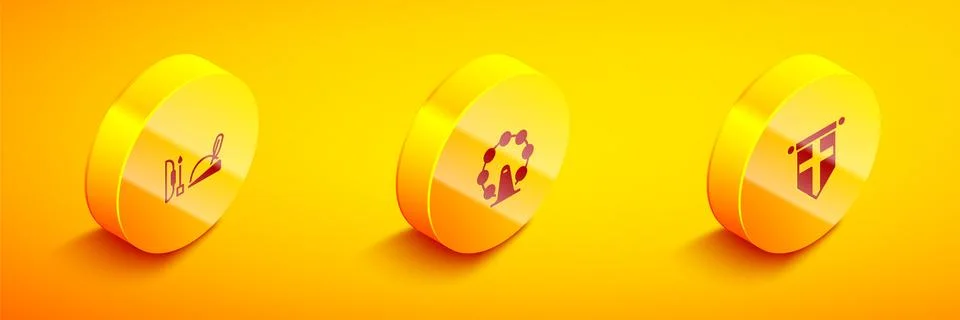 Set Isometric Robin hood hat, London eye and England flag pennant icon. Vector Stock Illustration