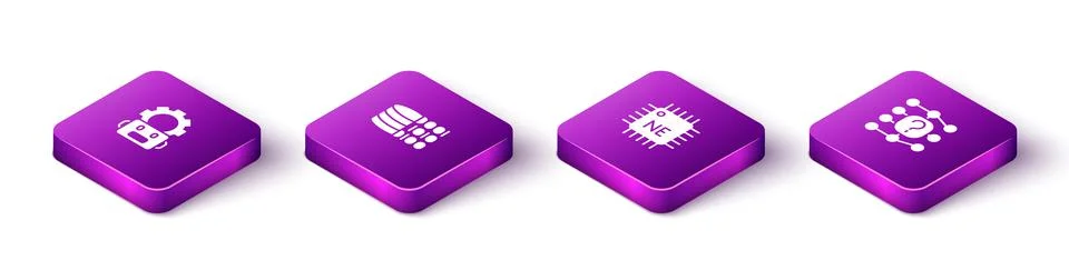 Set Isometric Robot setting, Binary code, Processor CPU and Neural network icon Stock Illustration