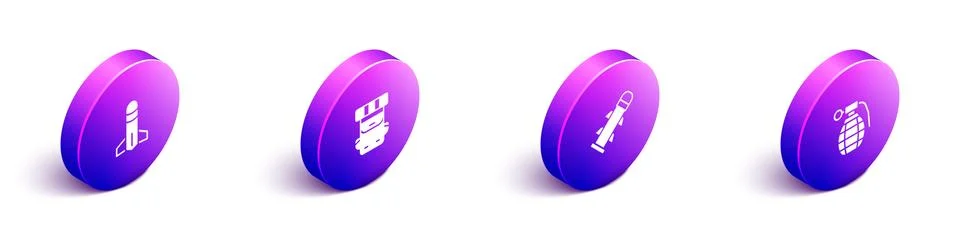 Set Isometric Rocket, Hiking backpack, and Hand grenade icon. Vector Illustrazione stock