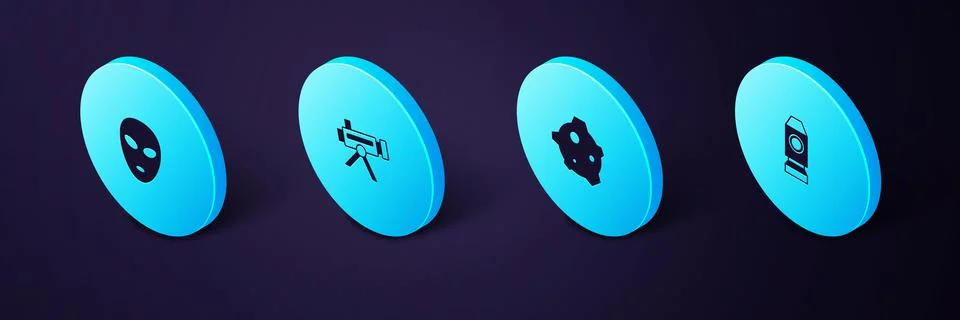 Set Isometric Rocket ship, Asteroid, Telescope and Alien icon. Vector Illustrazione stock