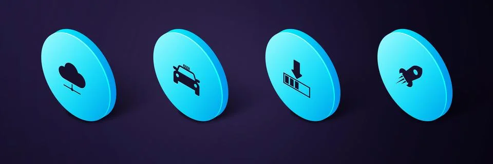 Set Isometric Rocket ship with fire, Loading, Taxi car and Network cloud Stock Illustration