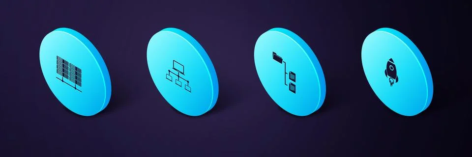 Set Isometric Rocket ship with fire, Folder tree, Computer network and Server Stock Illustration