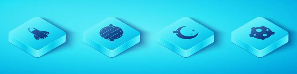 Set Isometric Rocket ship, Planet, Asteroid and Moon and stars icon. Vector Illustrazione stock