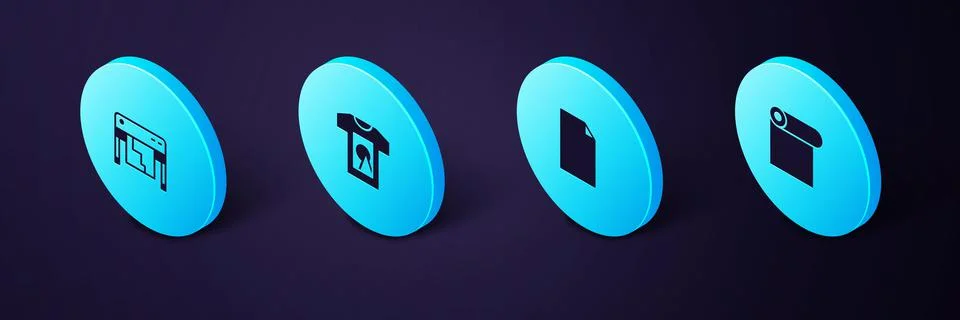 Set Isometric Roll of paper, Empty document, T-shirt and Plotter icon. Vector Illustrazione stock