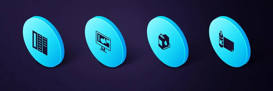 Set Isometric Roll of paper, Printer ink cartridge, Computer monitor screen and Stock Illustration