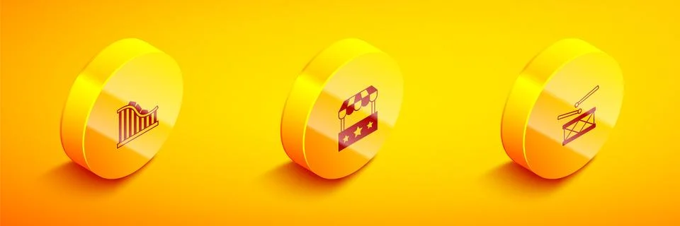 Set Isometric Roller coaster, Ticket box office and Drum with drum sticks icon Stock Illustration